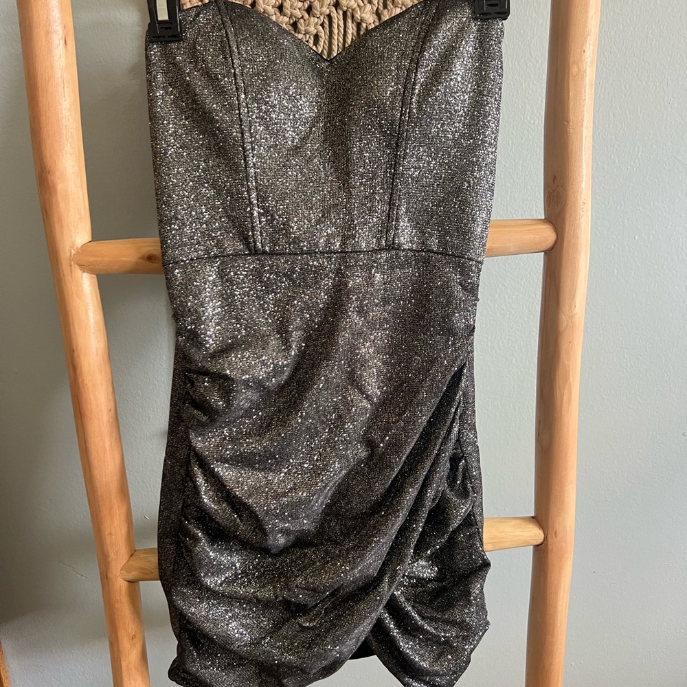 BABYBOO Silver Strapless Sweetheart Ruched Cocktail Dress NWT